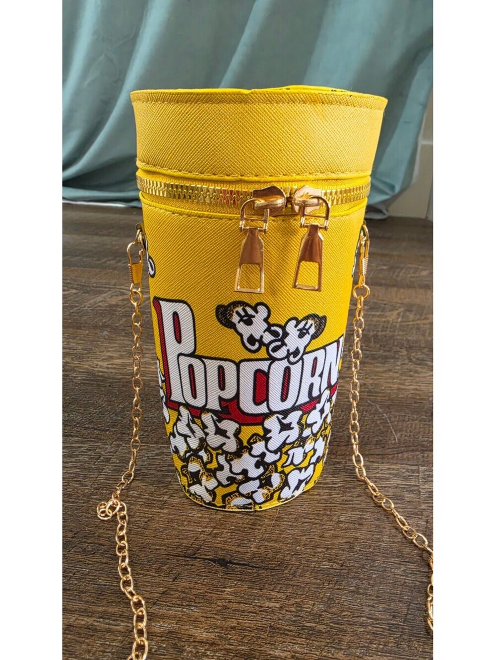 Yellow Popcorn Print Cylinder Crossbody Bag with Gold Chain